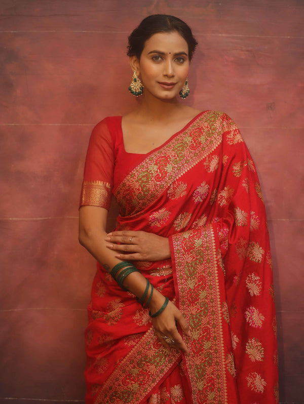 Banarasee Semi Georgette Saree With Resham Buta Design & Border-Red
