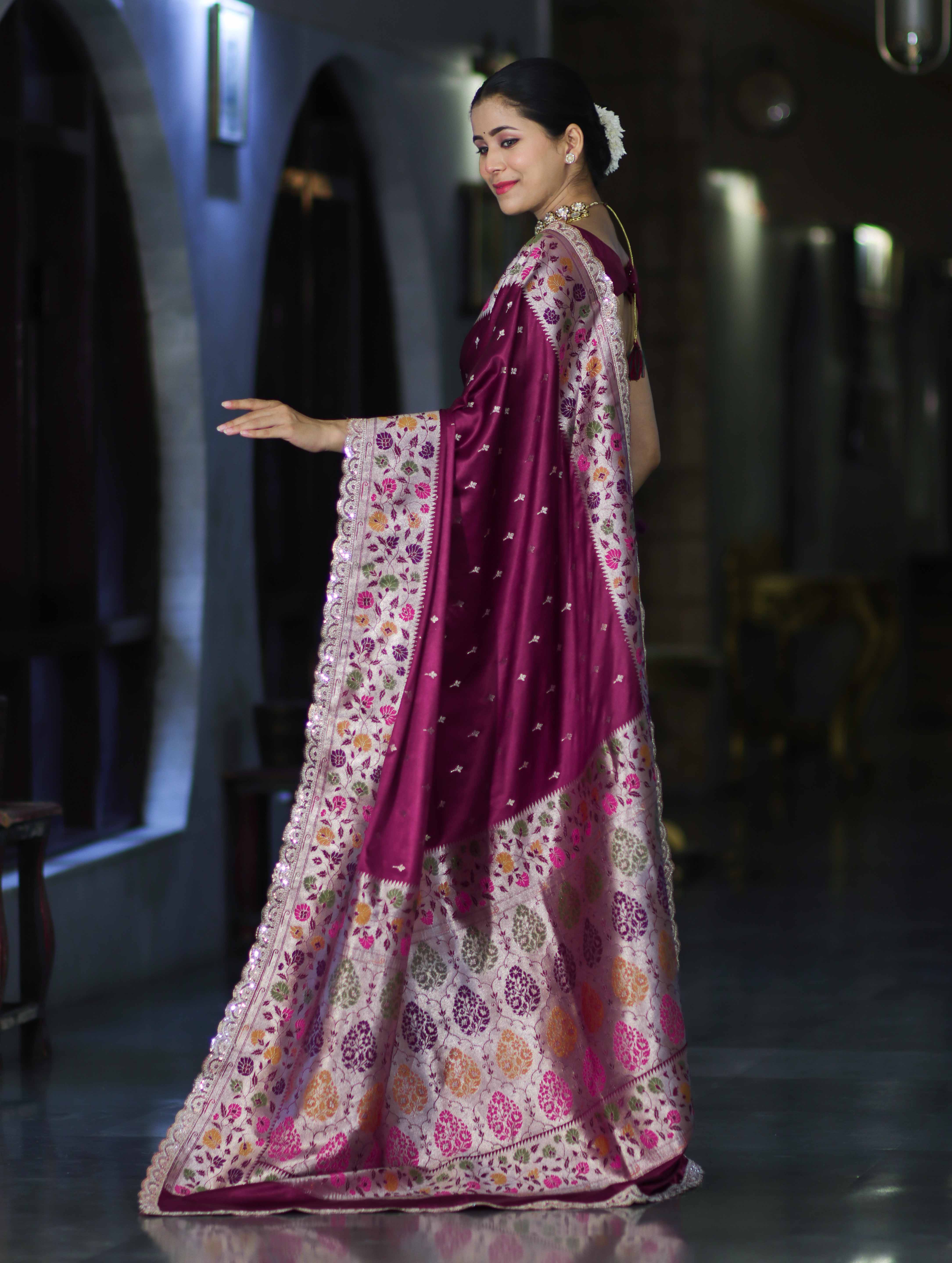 Banarasee Handloom Mashru Silk Saree With Buti Design Meenadar Border & Pallu-Wine