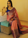 Banarasee Kora Muslin Saree With Jaal Design & Skirt Border-Peach & Blue