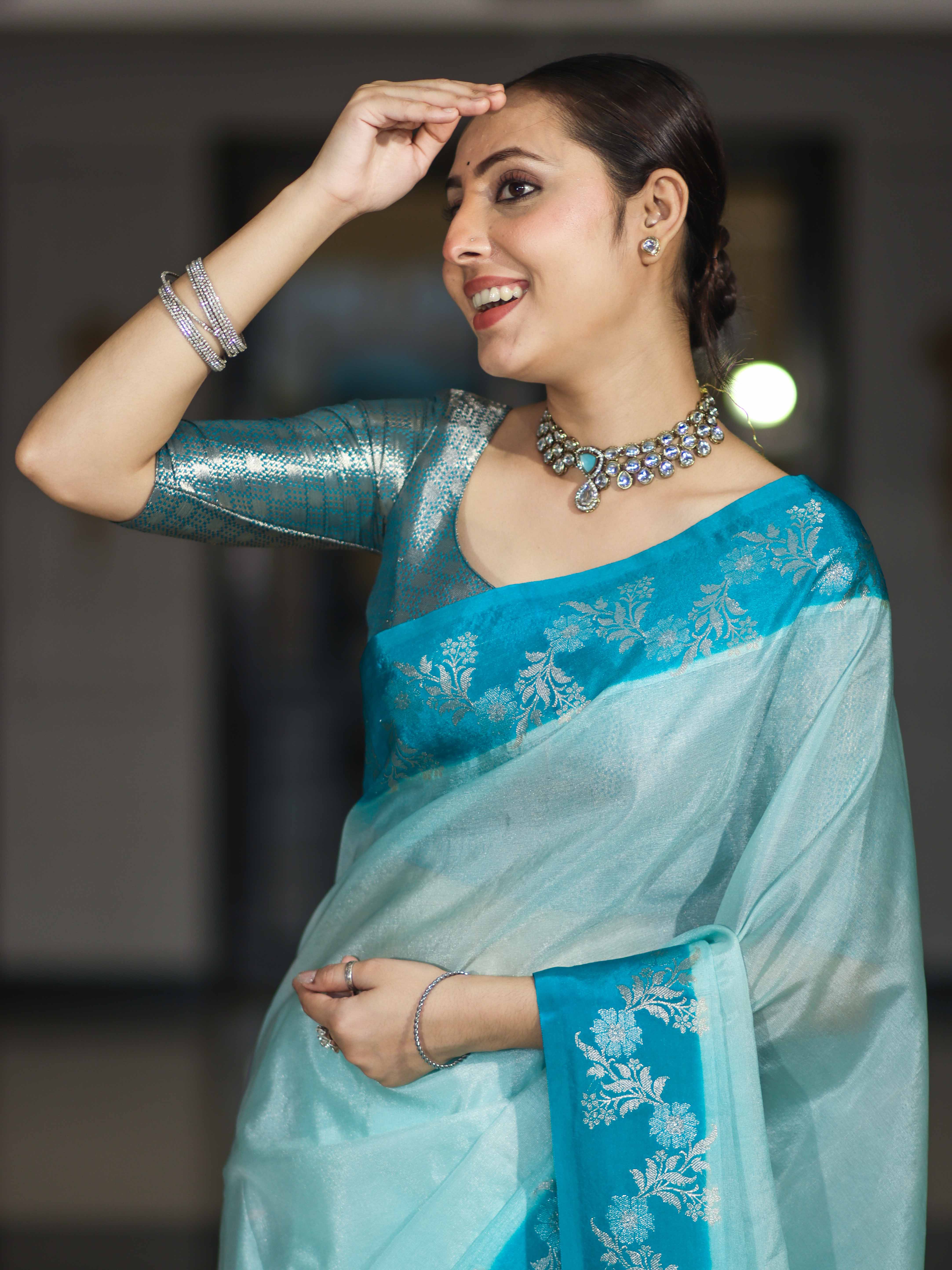 Banarasee Handloom Plain Semi Silk Saree With Contrast Floral Border-Turquoise Blue