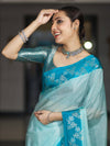 Banarasee Handloom Plain Semi Silk Saree With Contrast Floral Border-Turquoise Blue