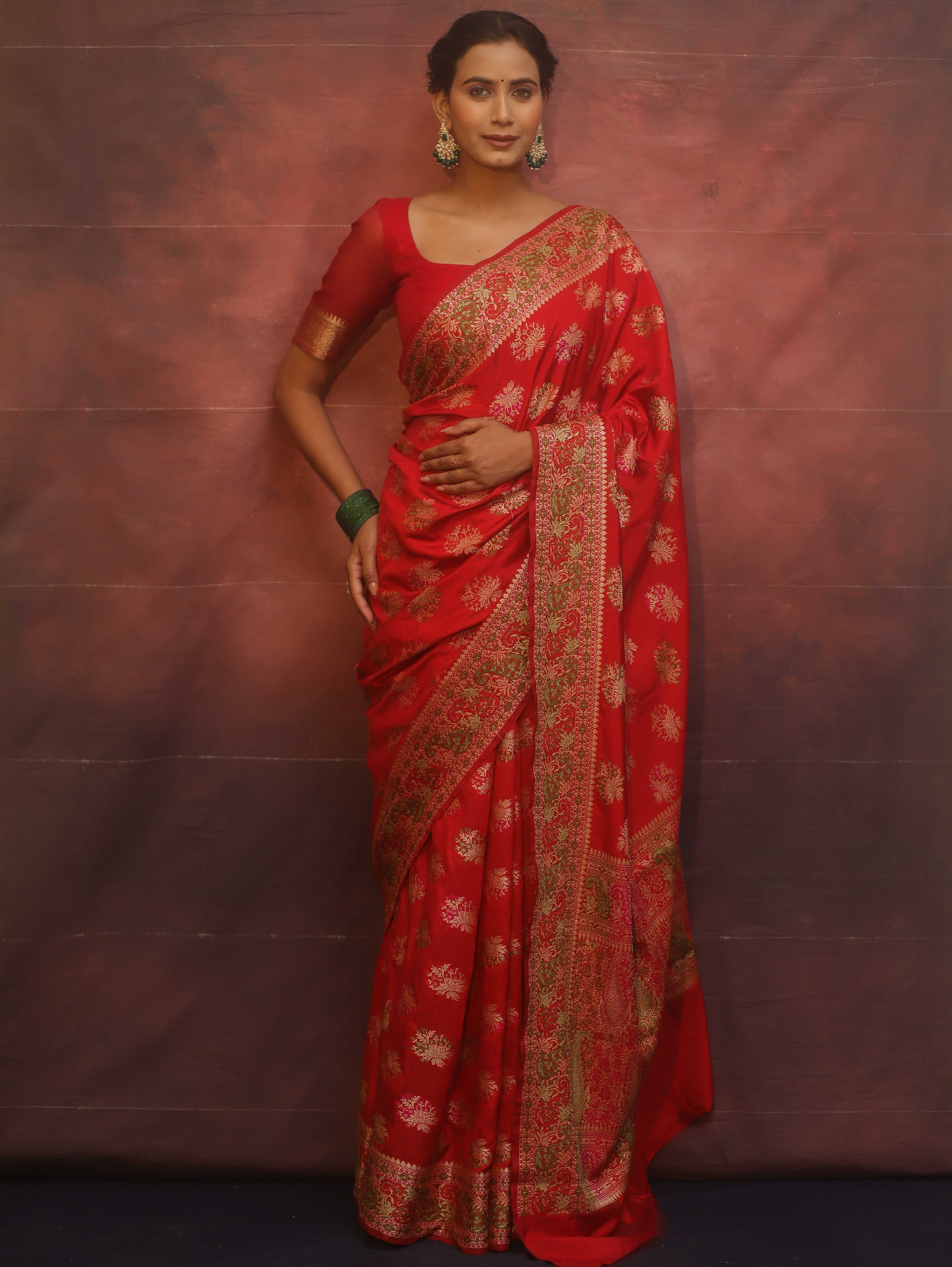 Banarasee Semi Georgette Saree With Resham Buta Design & Border-Red