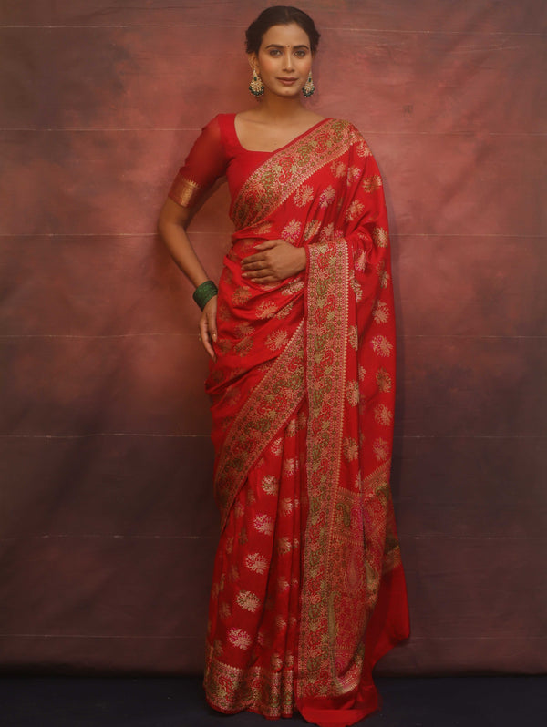 Banarasee Semi Georgette Saree With Resham Buta Design & Border-Red