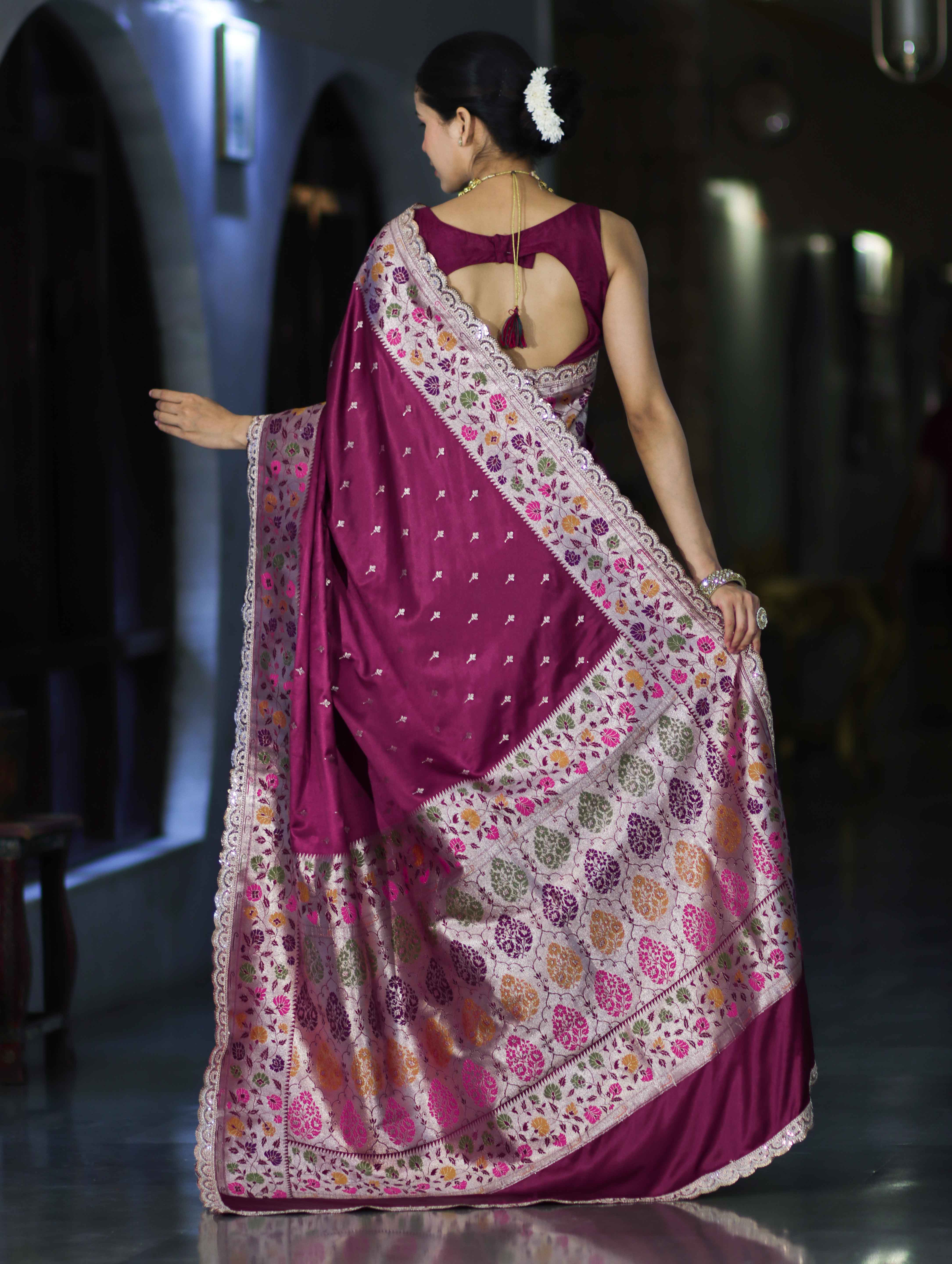 Banarasee Handloom Mashru Silk Saree With Buti Design Meenadar Border & Pallu-Wine