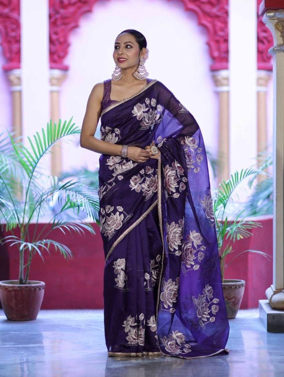 Banarasee Handloom Chanderi Cotton Saree With Applique Work & Lace-Violet