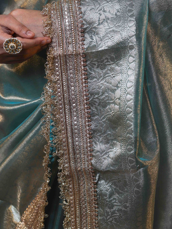 Banarasee Handwoven Plain Tissue Saree With Gold Zari Border & Lace-Sea Blue