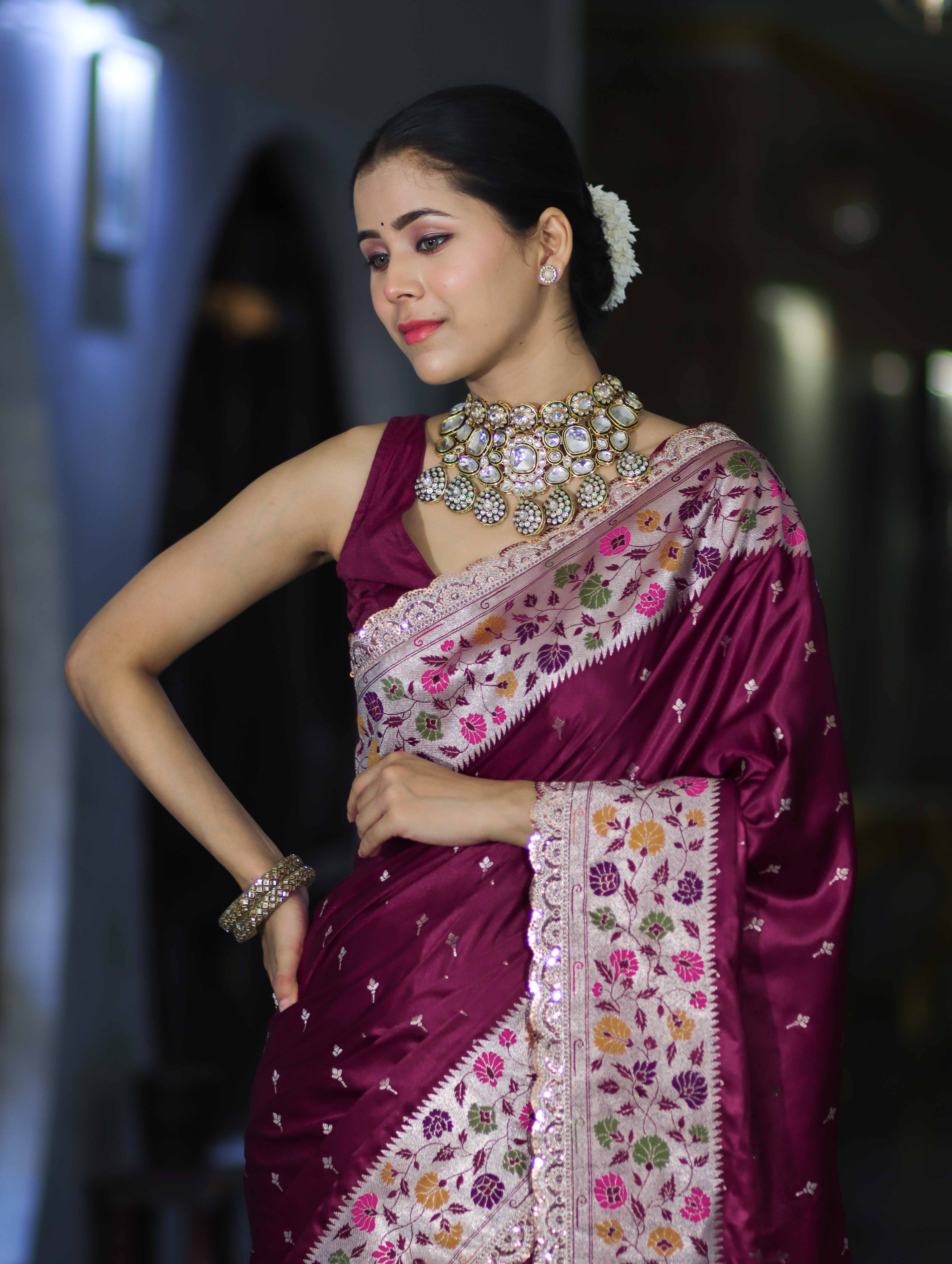 Banarasee Handloom Mashru Silk Saree With Buti Design Meenadar Border & Pallu-Wine