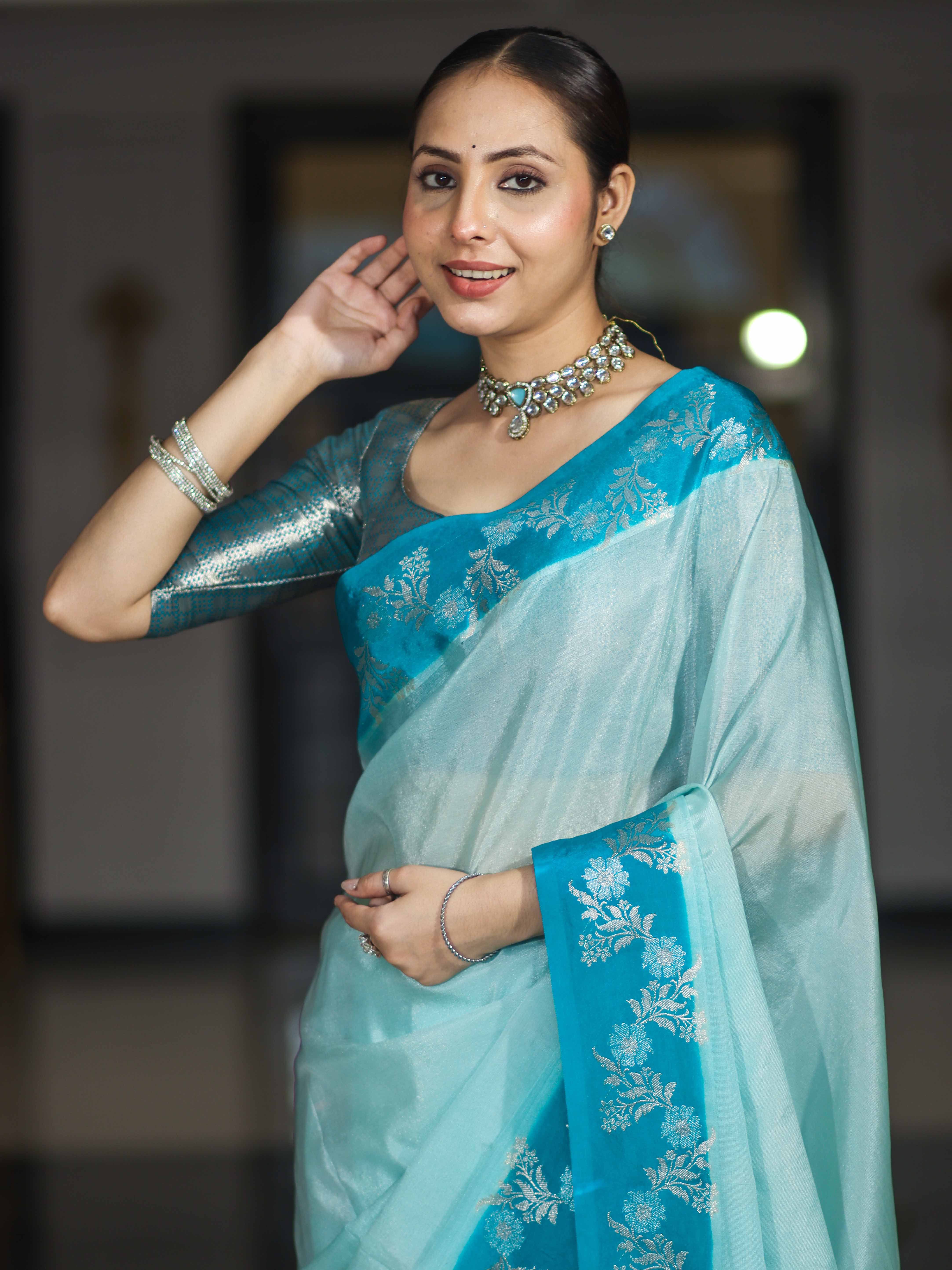 Banarasee Handloom Plain Semi Silk Saree With Contrast Floral Border-Turquoise Blue