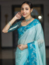 Banarasee Handloom Plain Semi Silk Saree With Contrast Floral Border-Turquoise Blue