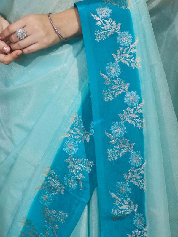 Banarasee Handloom Plain Semi Silk Saree With Contrast Floral Border-Turquoise Blue