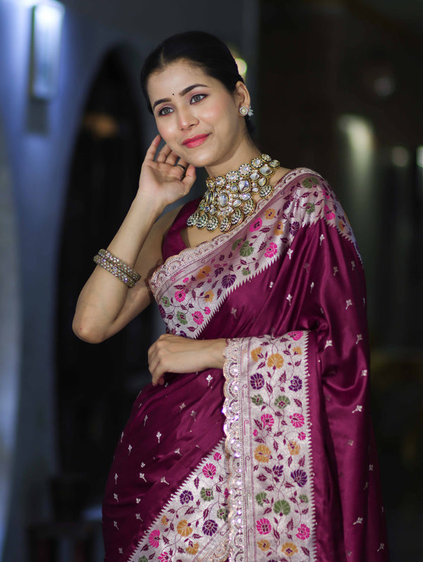 Banarasee Handloom Mashru Silk Saree With Buti Design Meenadar Border & Pallu-Wine