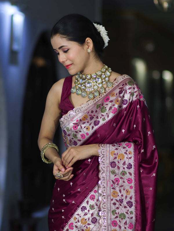 Banarasee Handloom Mashru Silk Saree With Buti Design Meenadar Border & Pallu-Wine