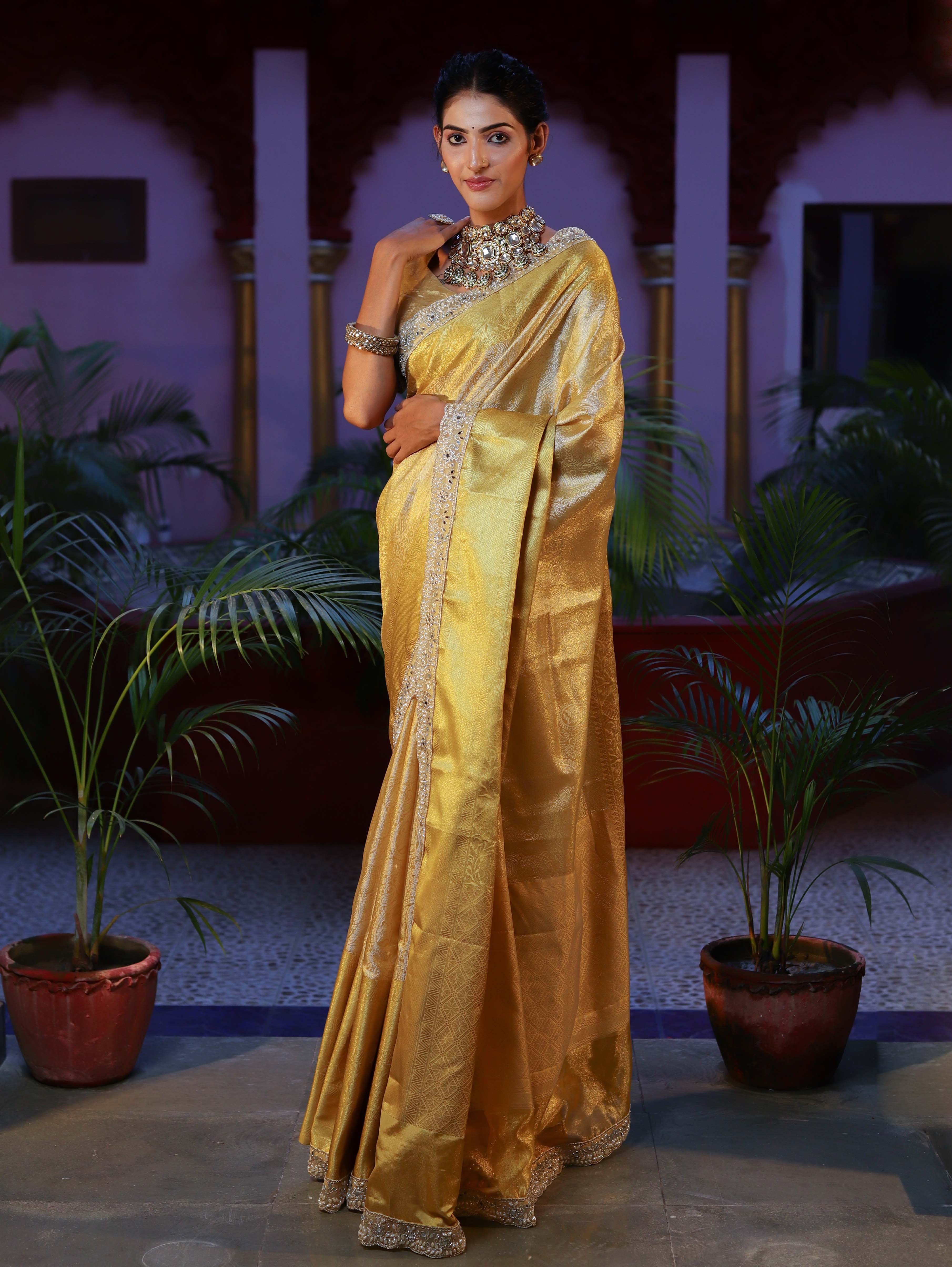 Banarasee Handwoven Tissue Saree With Zari Weaving Design & Lace-Golden Yellow