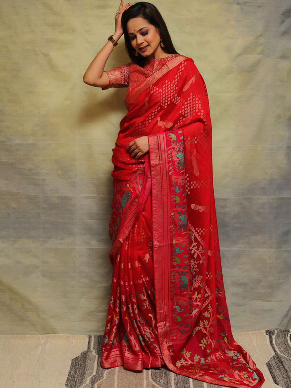Banarasee Brasso Silk Patola Saree With Contrast Embroidered Blouse-Red