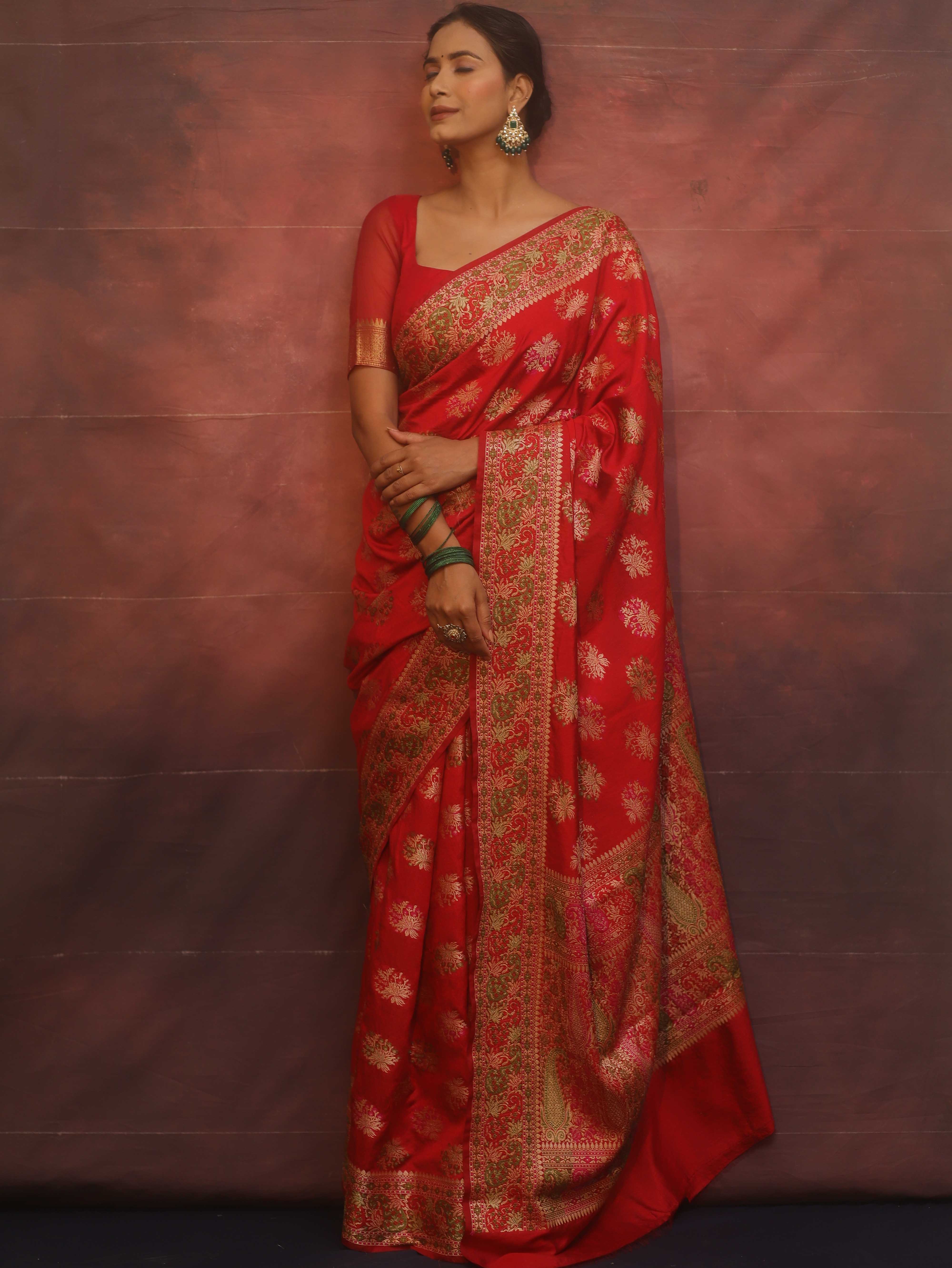 Banarasee Semi Georgette Saree With Resham Buta Design & Border-Red