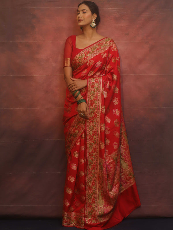 Banarasee Semi Georgette Saree With Resham Buta Design & Border-Red