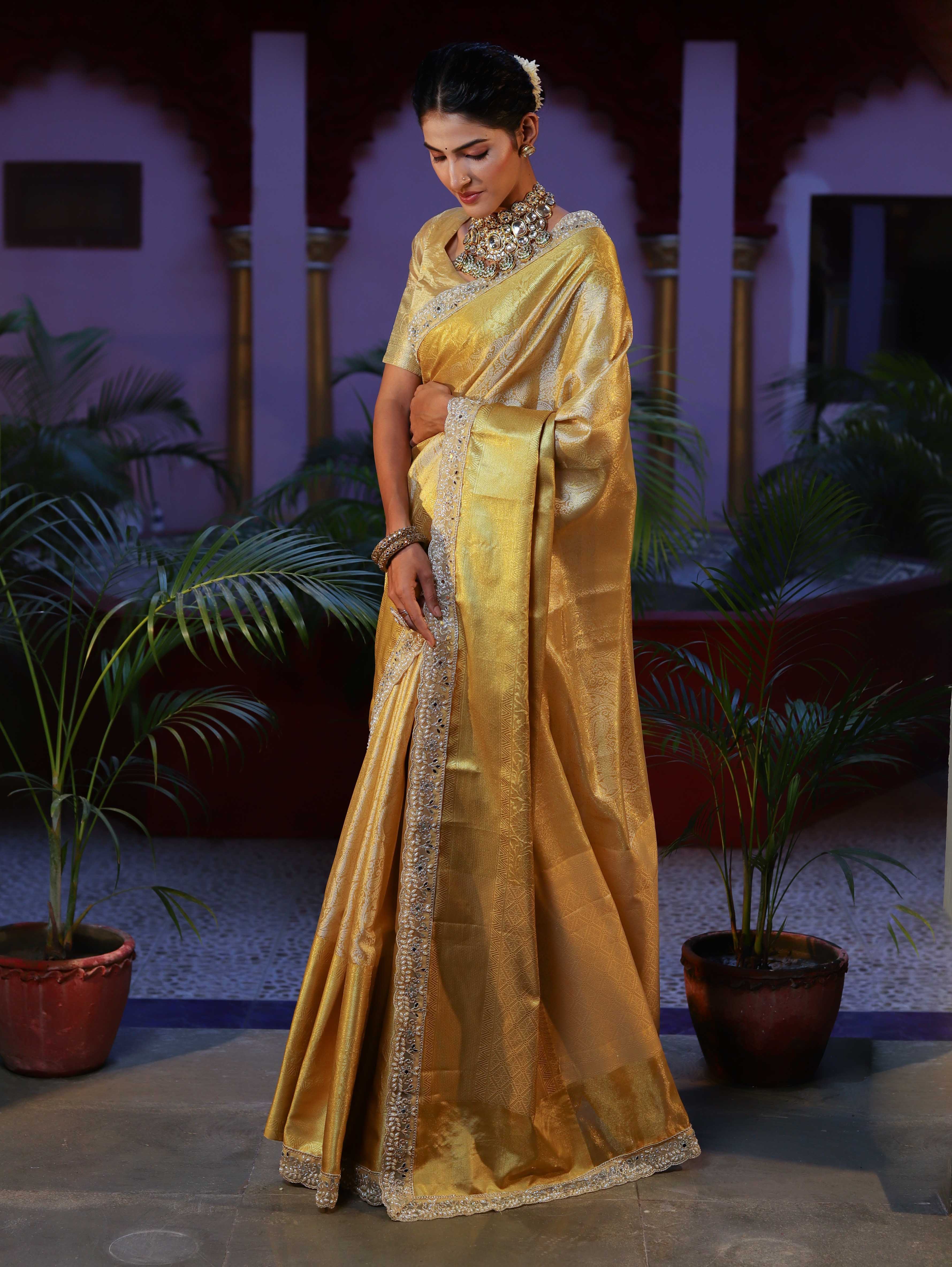 Banarasee Handwoven Tissue Saree With Zari Weaving Design & Lace-Golden Yellow
