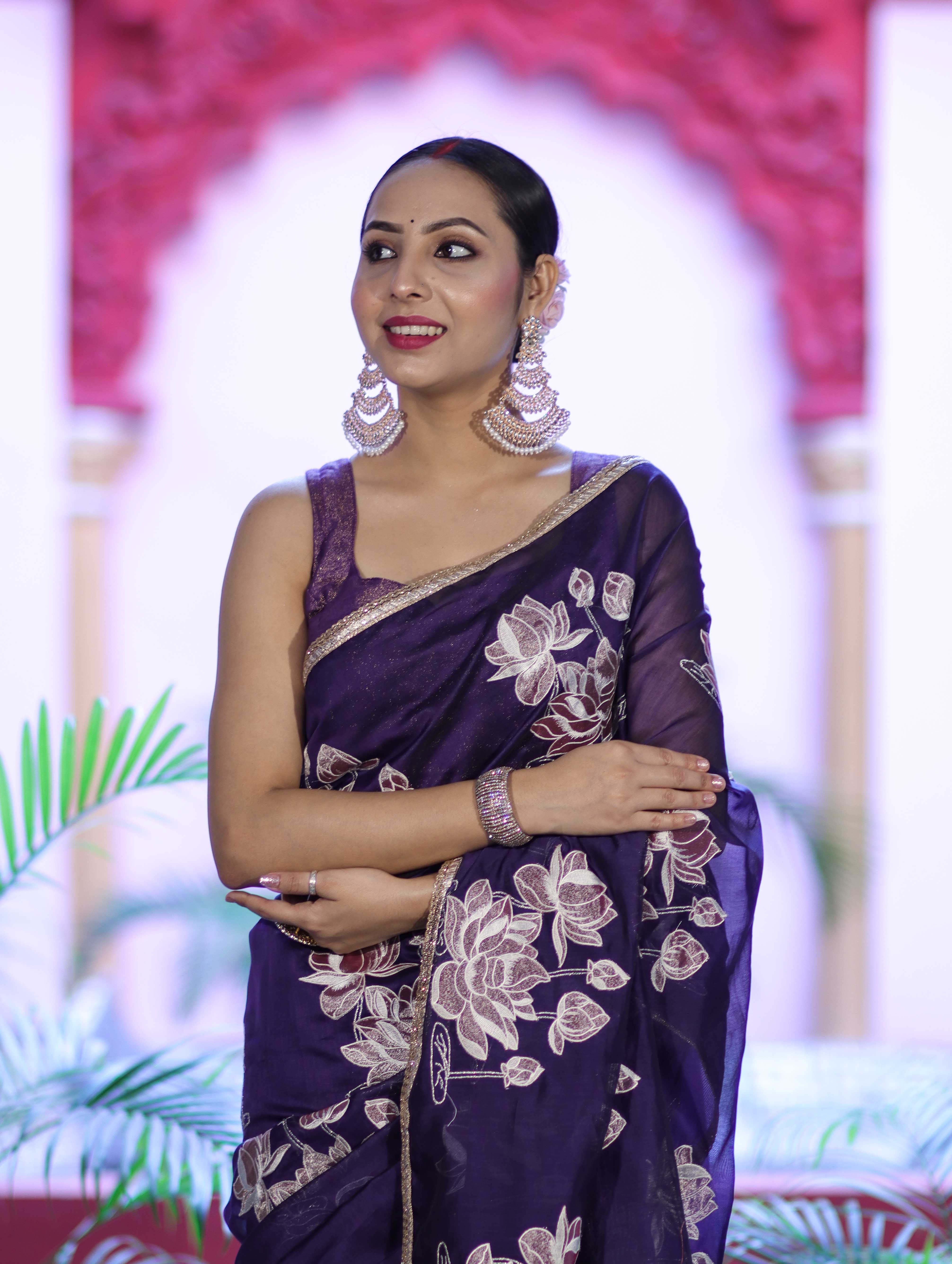 Banarasee Handloom Chanderi Cotton Saree With Applique Work & Lace-Violet