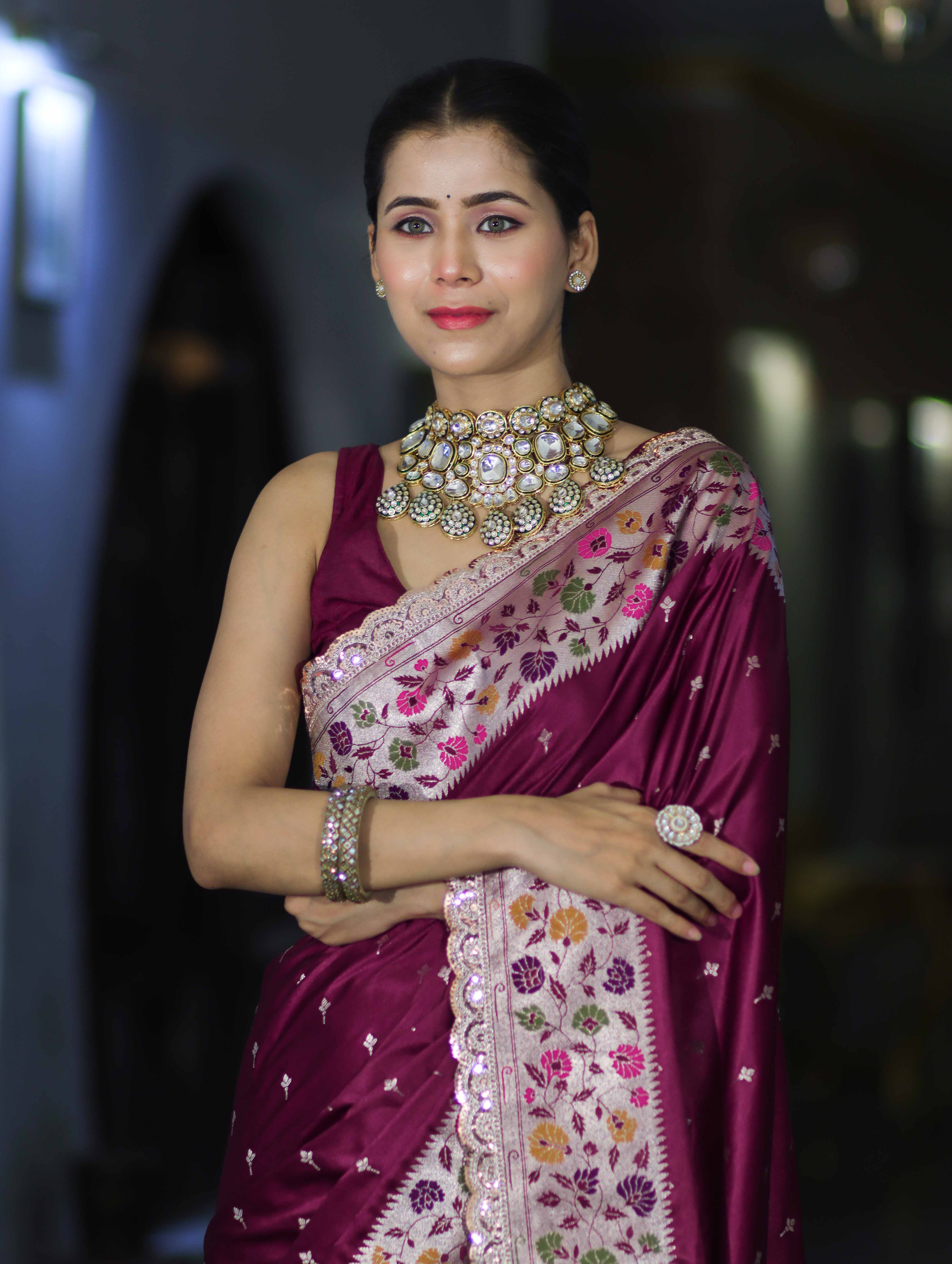 Banarasee Handloom Mashru Silk Saree With Buti Design Meenadar Border & Pallu-Wine