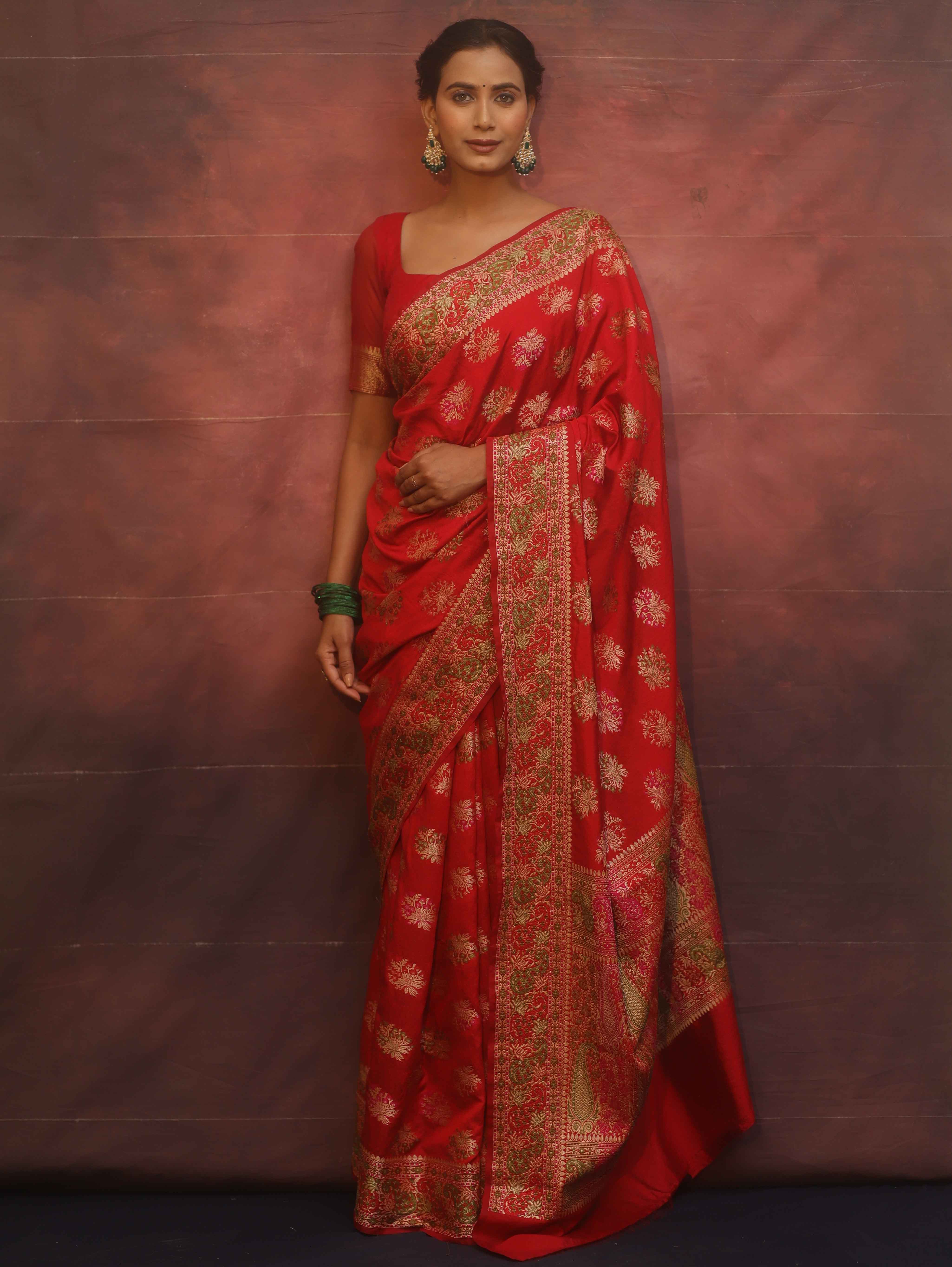 Banarasee Semi Georgette Saree With Resham Buta Design & Border-Red