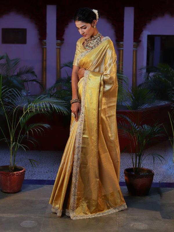 Banarasee Handwoven Tissue Saree With Zari Weaving Design & Lace-Golden Yellow