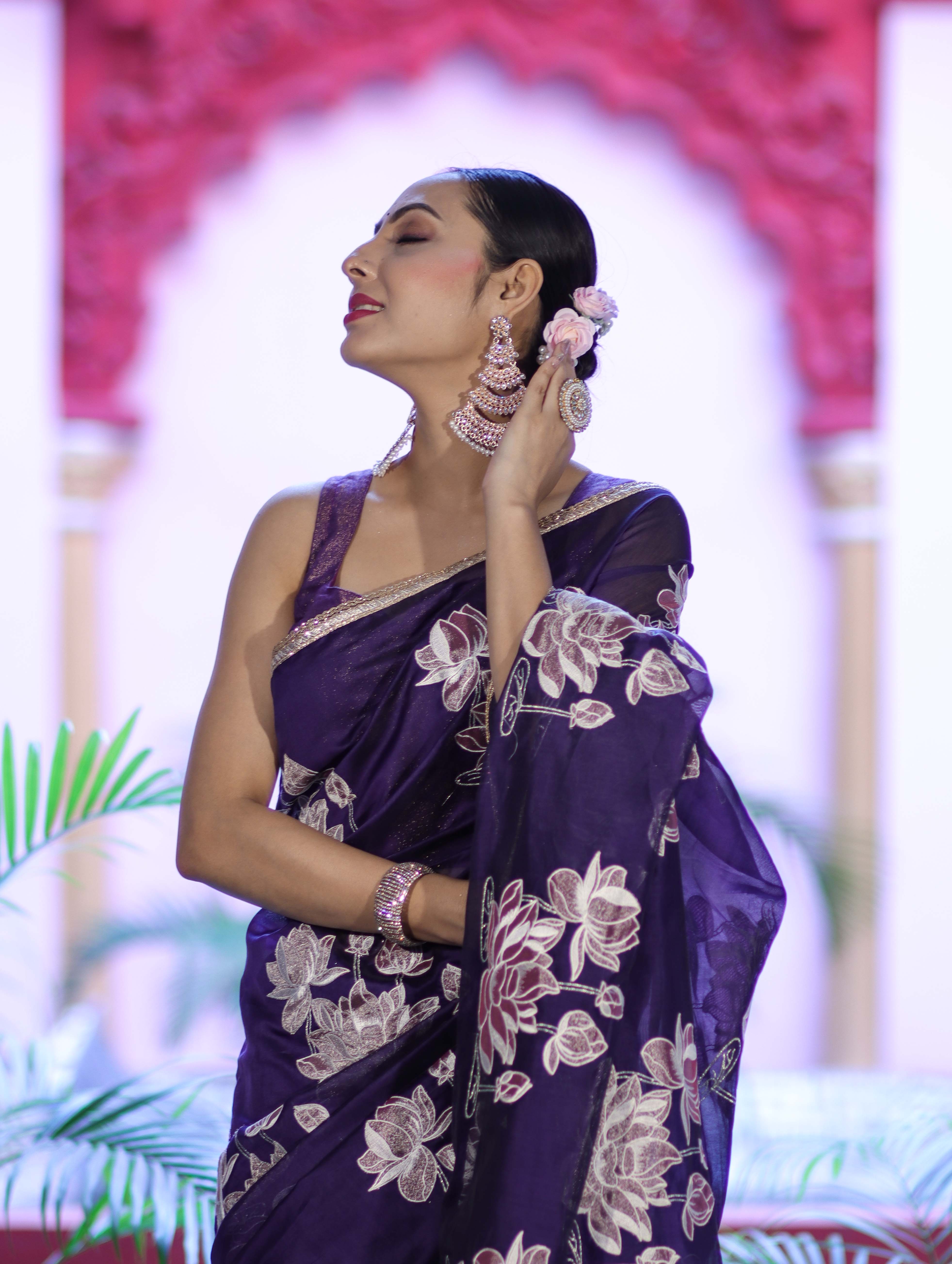 Banarasee Handloom Chanderi Cotton Saree With Applique Work & Lace-Violet