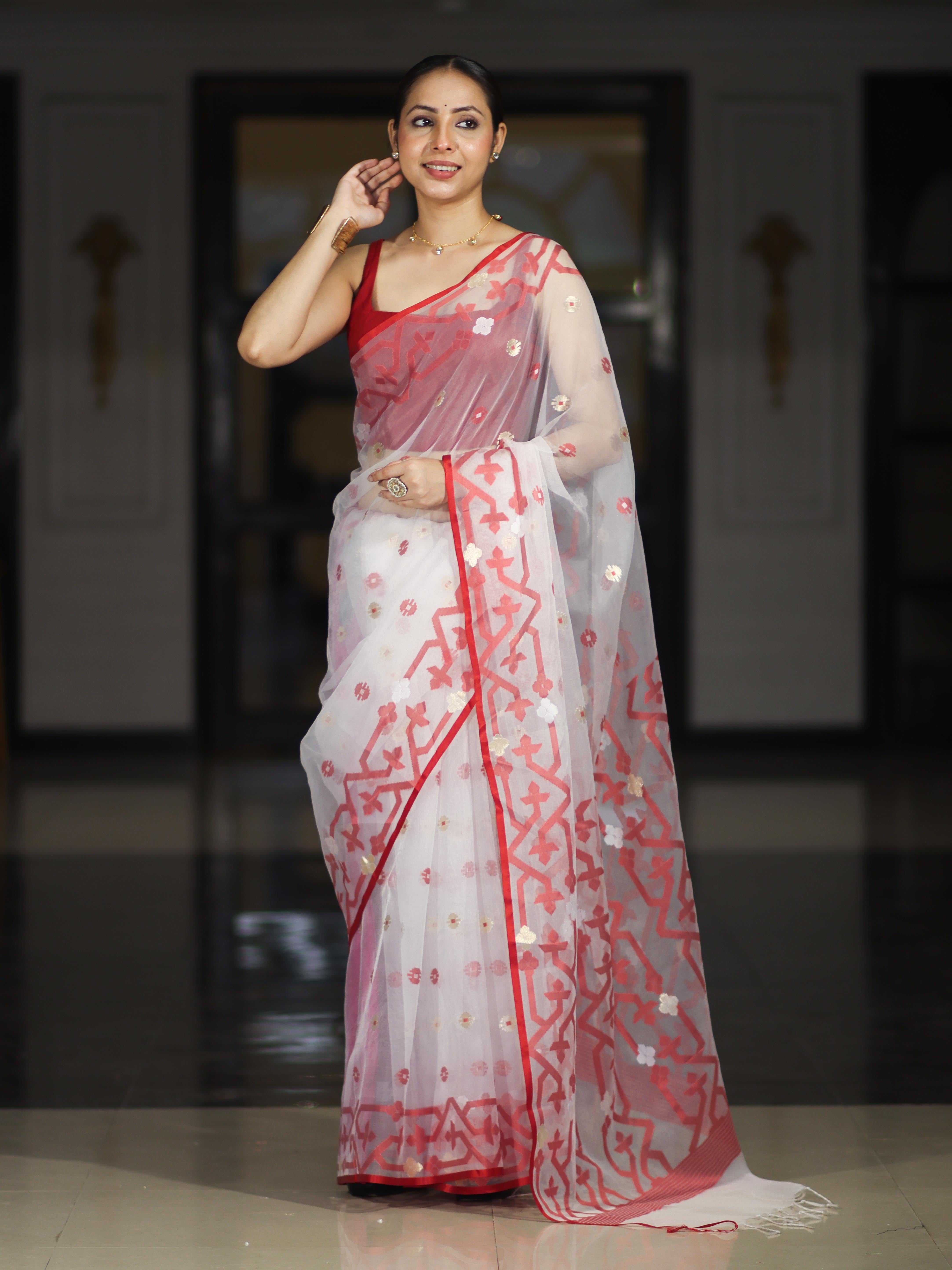 Banarasee Handloom Organza Mix Saree With Resham & Zari Work-White & Maroon