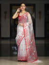 Banarasee Handloom Organza Mix Saree With Resham & Zari Work-White & Maroon