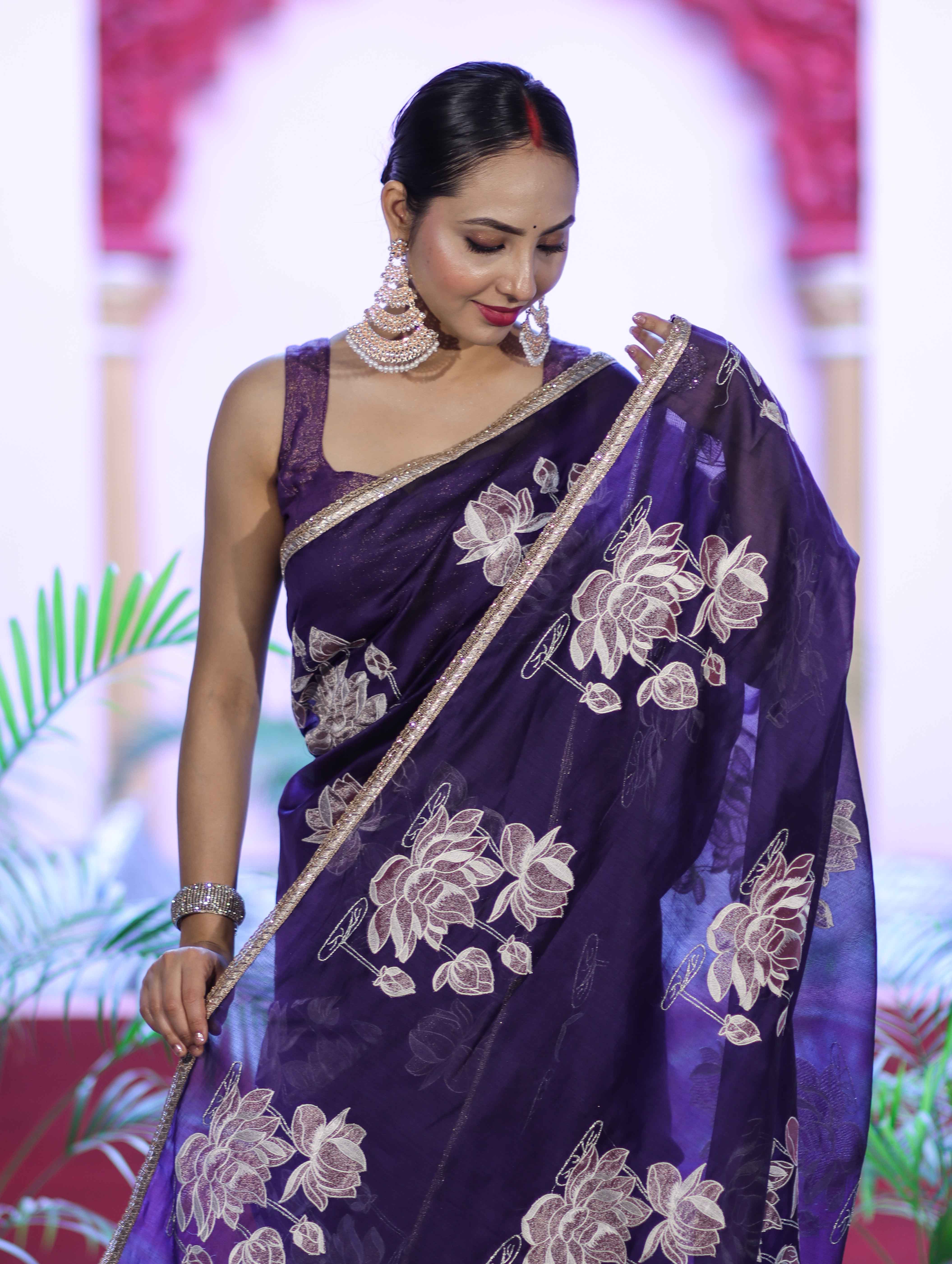 Banarasee Handloom Chanderi Cotton Saree With Applique Work & Lace-Violet