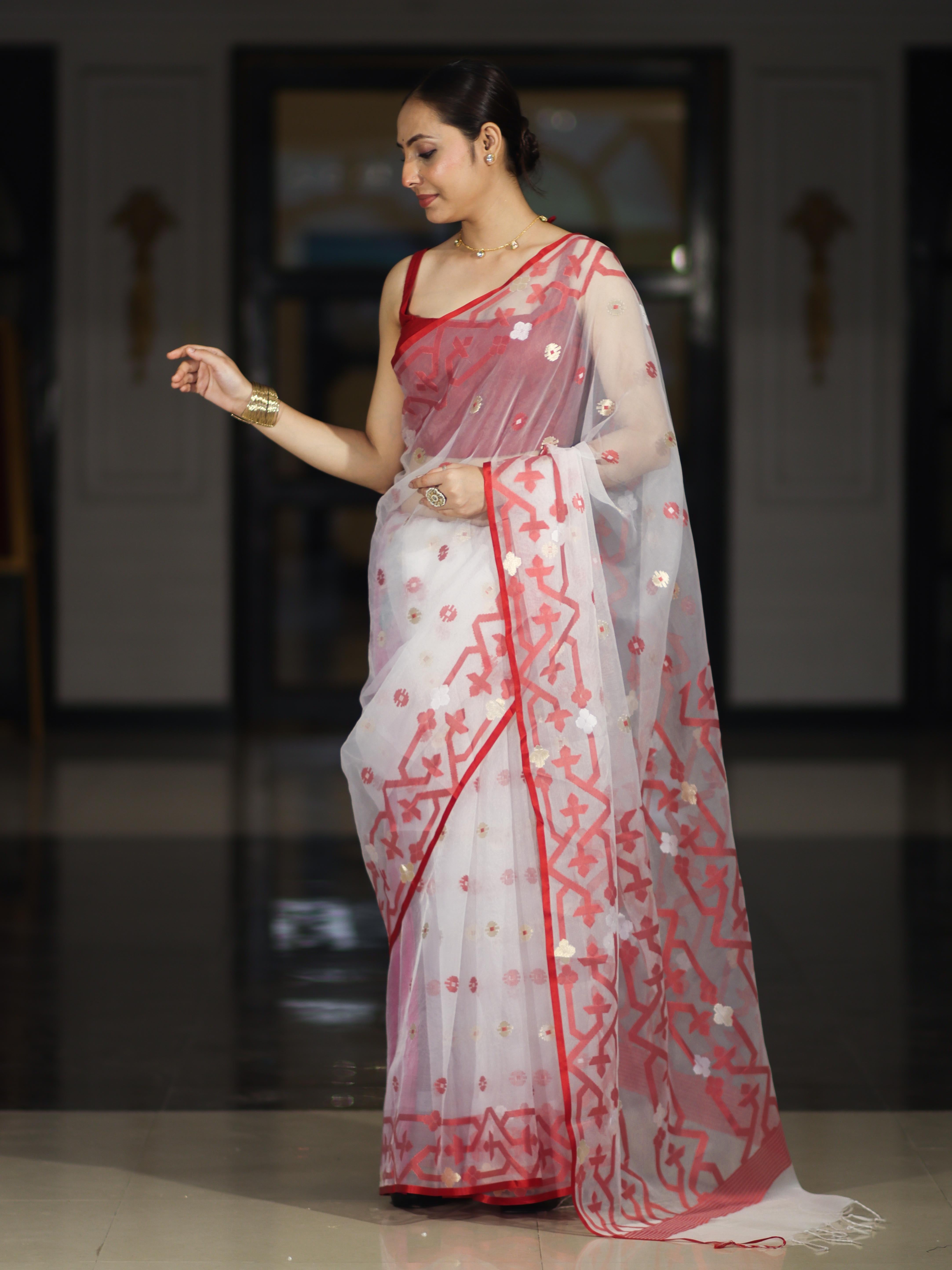 Banarasee Handloom Organza Mix Saree With Resham & Zari Work-White & Maroon