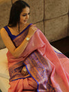 Banarasee Kora Muslin Saree With Jaal Design & Skirt Border-Peach & Blue