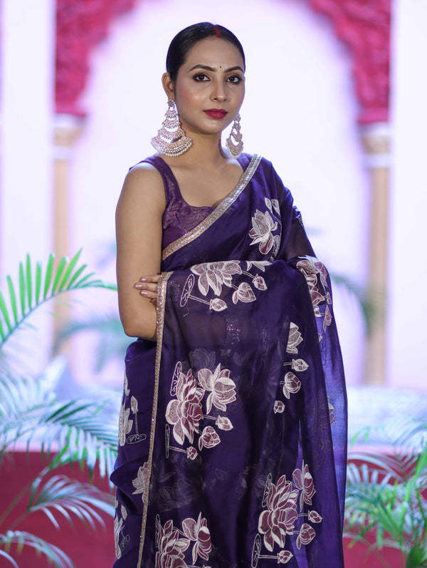 Banarasee Handloom Chanderi Cotton Saree With Applique Work & Lace-Violet