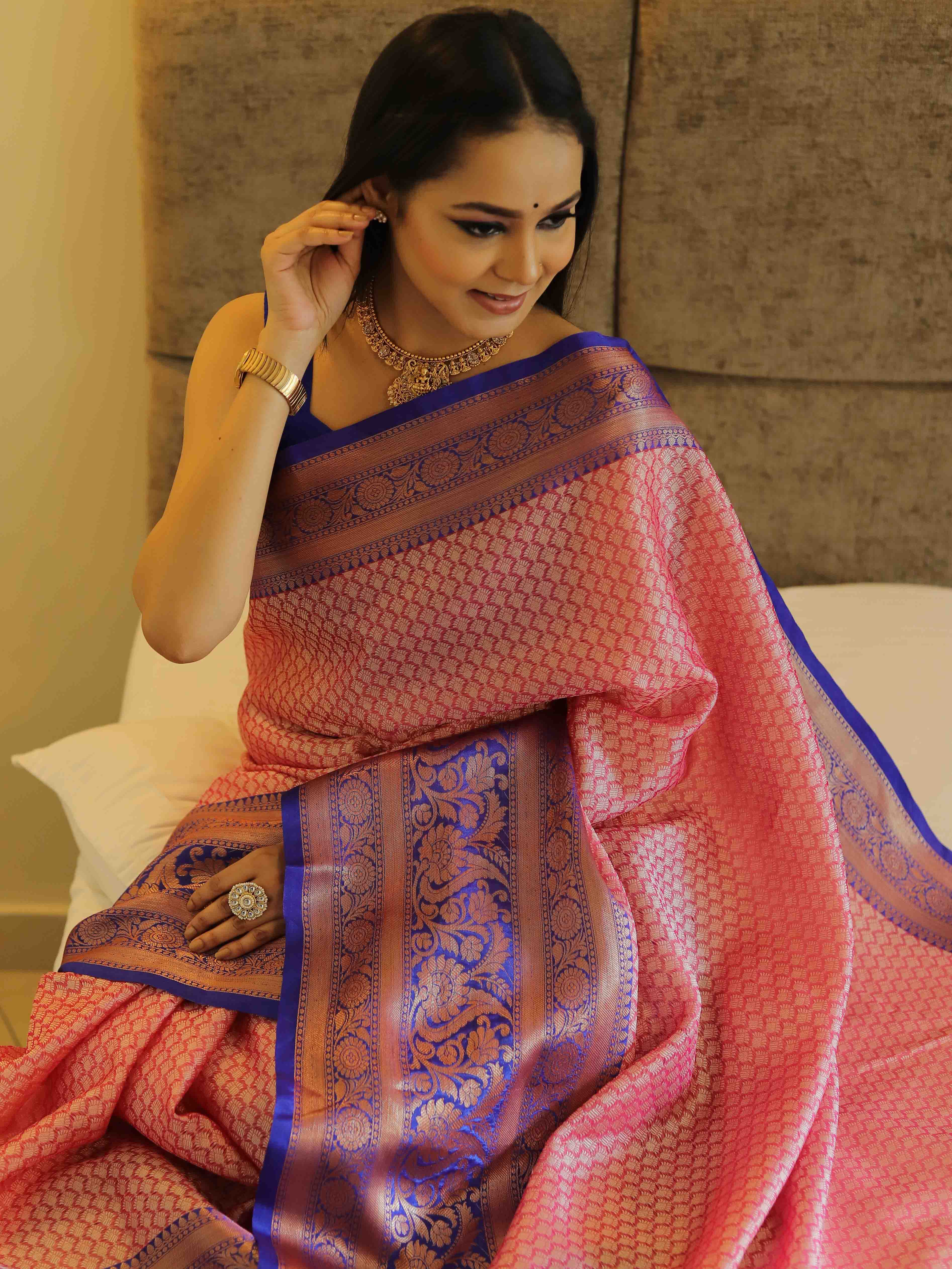 Banarasee Kora Muslin Saree With Jaal Design & Skirt Border-Peach & Blue
