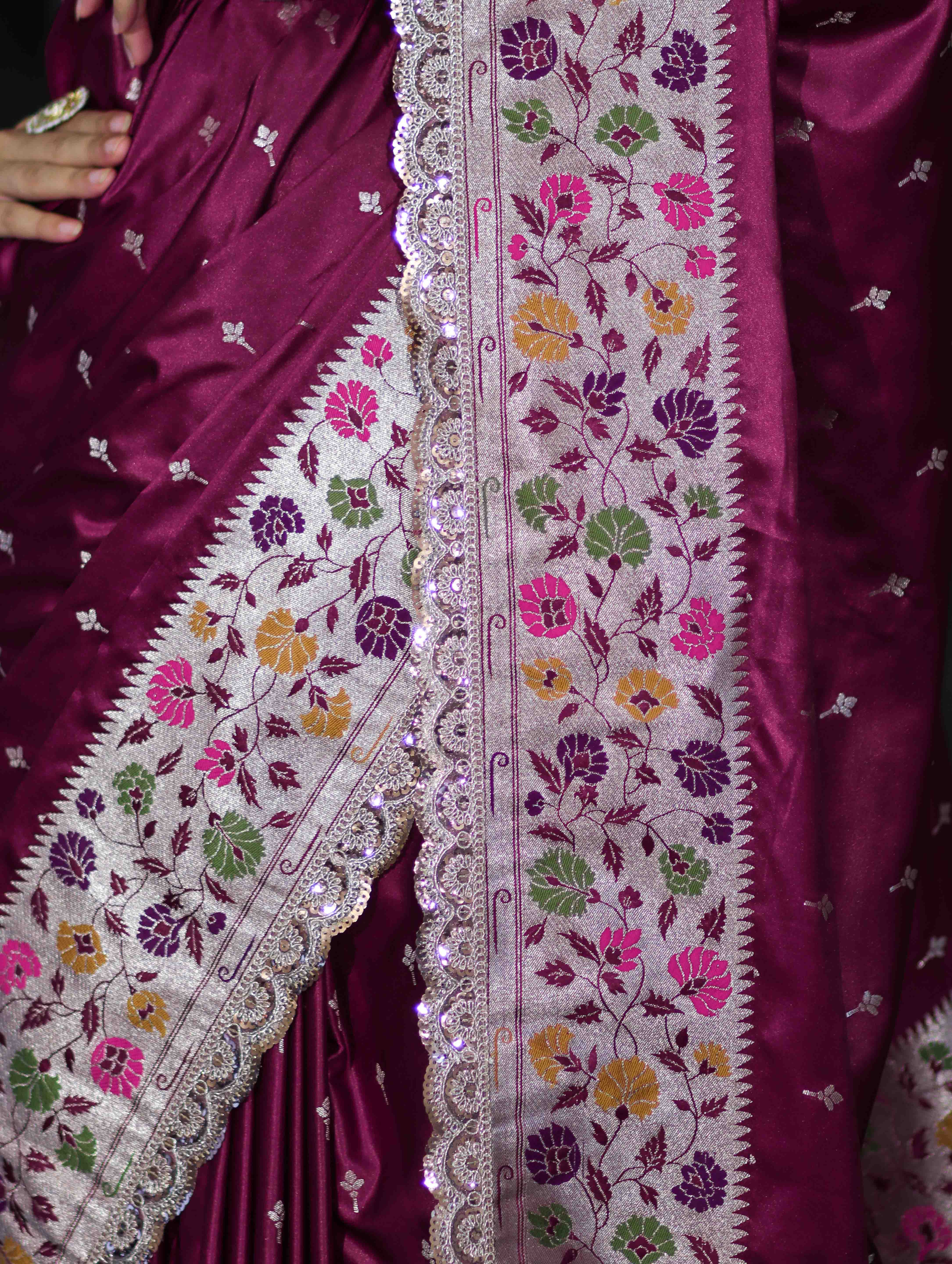 Banarasee Handloom Mashru Silk Saree With Buti Design Meenadar Border & Pallu-Wine