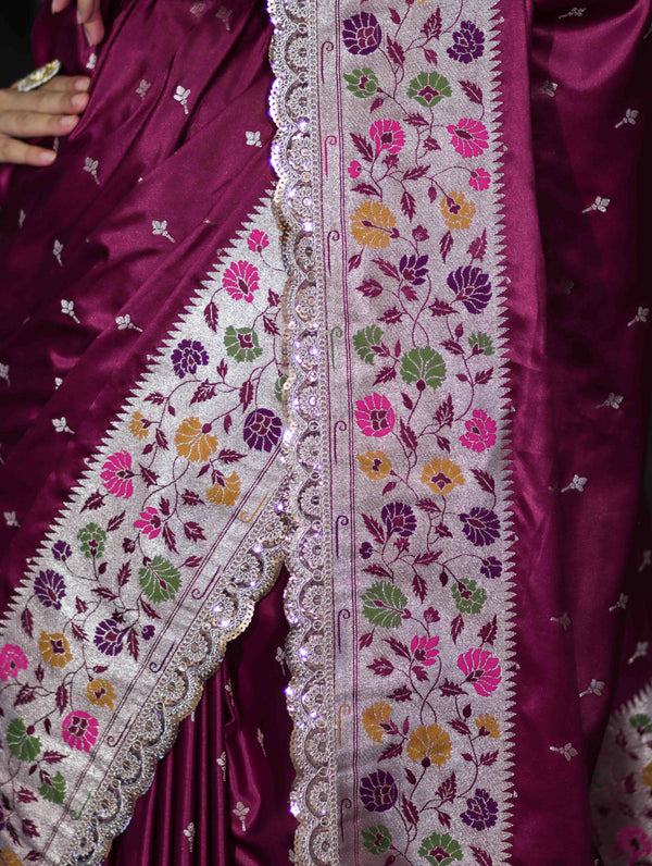 Banarasee Handloom Mashru Silk Saree With Buti Design Meenadar Border & Pallu-Wine