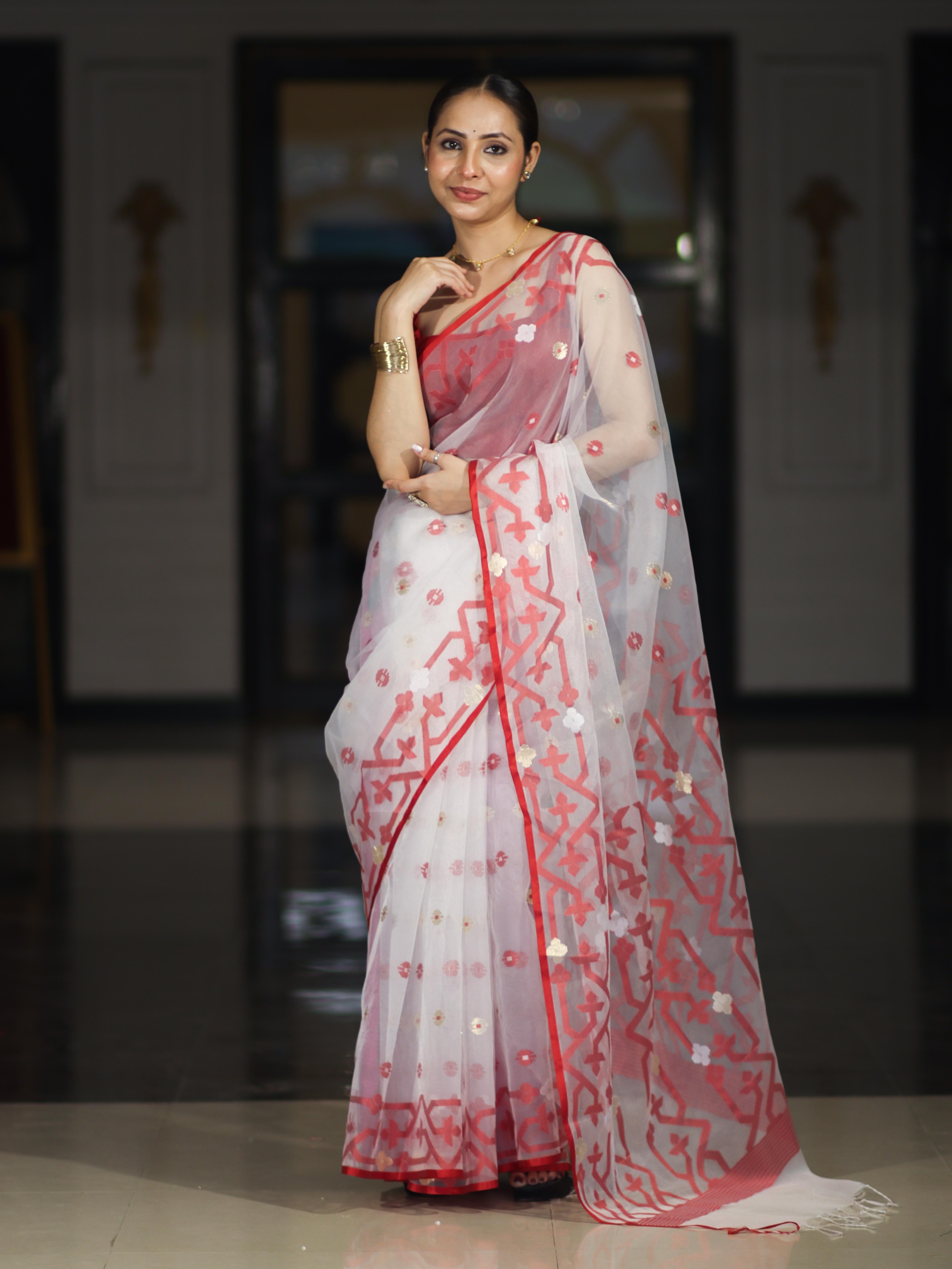 Banarasee Handloom Organza Mix Saree With Resham & Zari Work-White & Maroon
