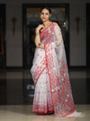 Banarasee Handloom Organza Mix Saree With Resham & Zari Work-White & Maroon