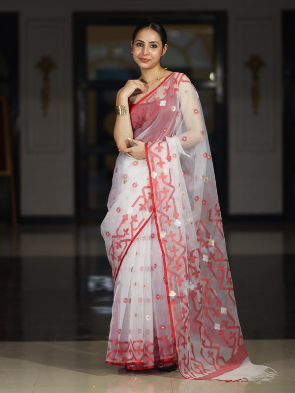 Banarasee Handloom Organza Mix Saree With Resham & Zari Work-White & Maroon