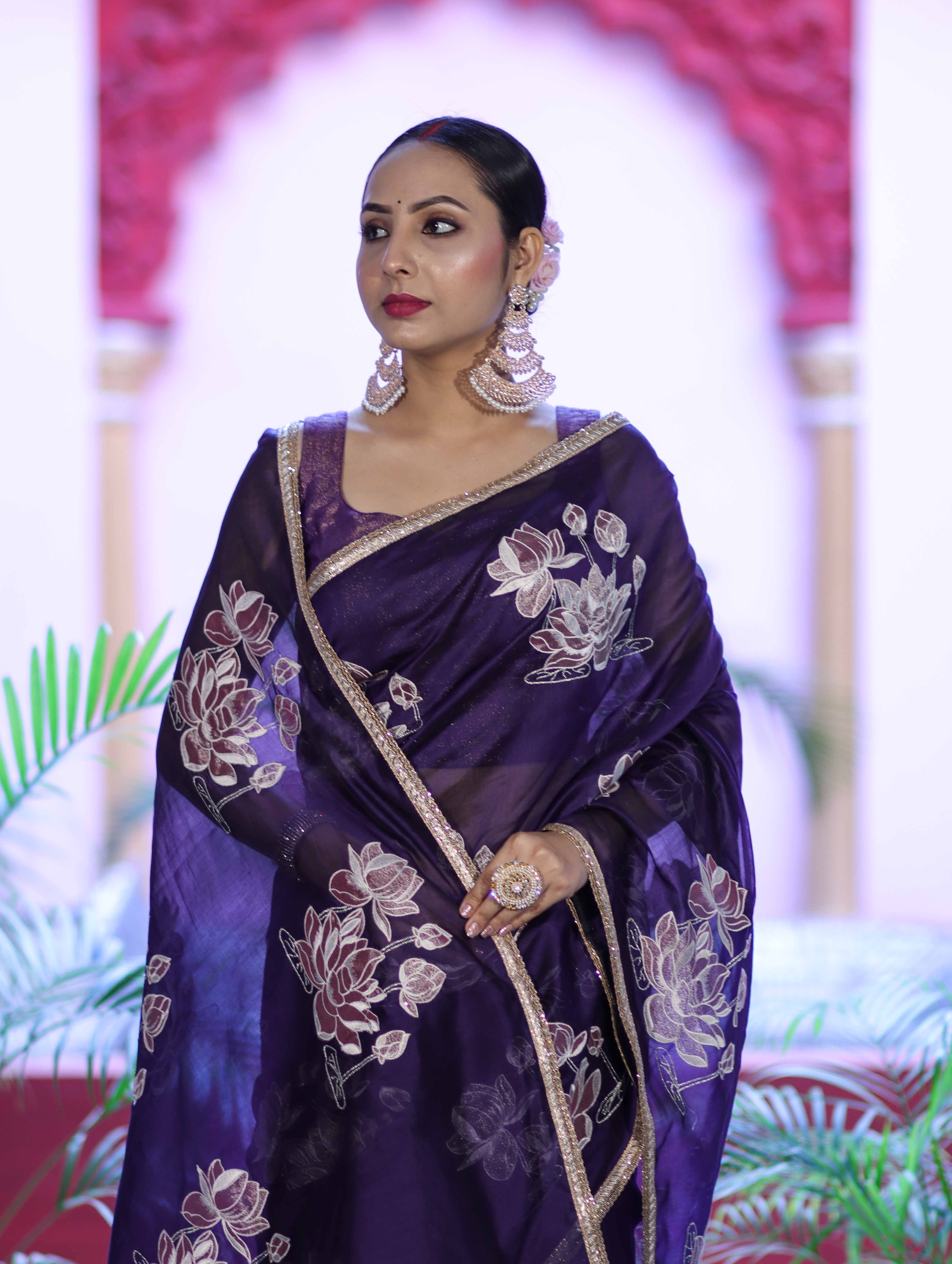 Banarasee Handloom Chanderi Cotton Saree With Applique Work & Lace-Violet