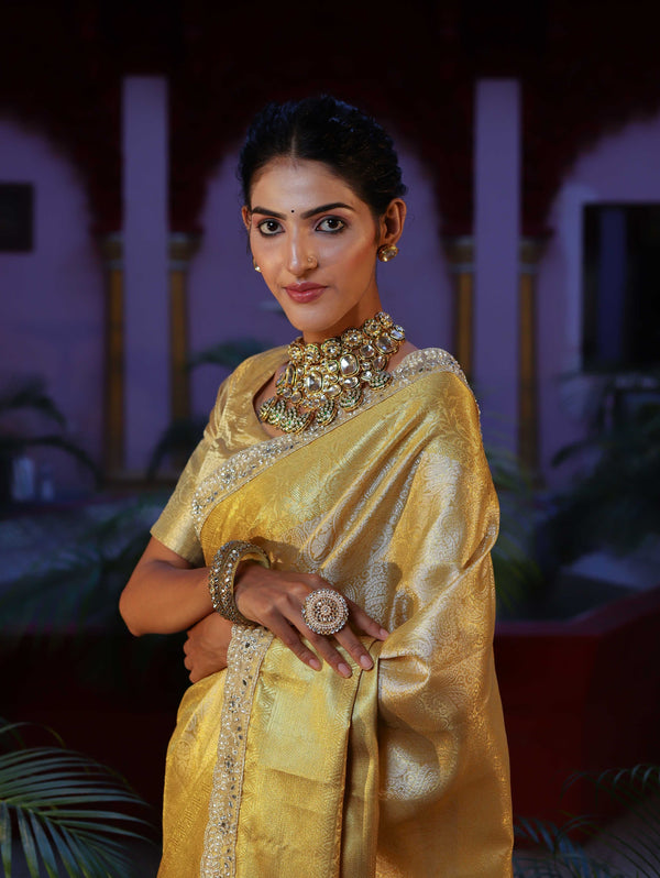 Banarasee Handwoven Tissue Saree With Zari Weaving Design & Lace-Golden Yellow