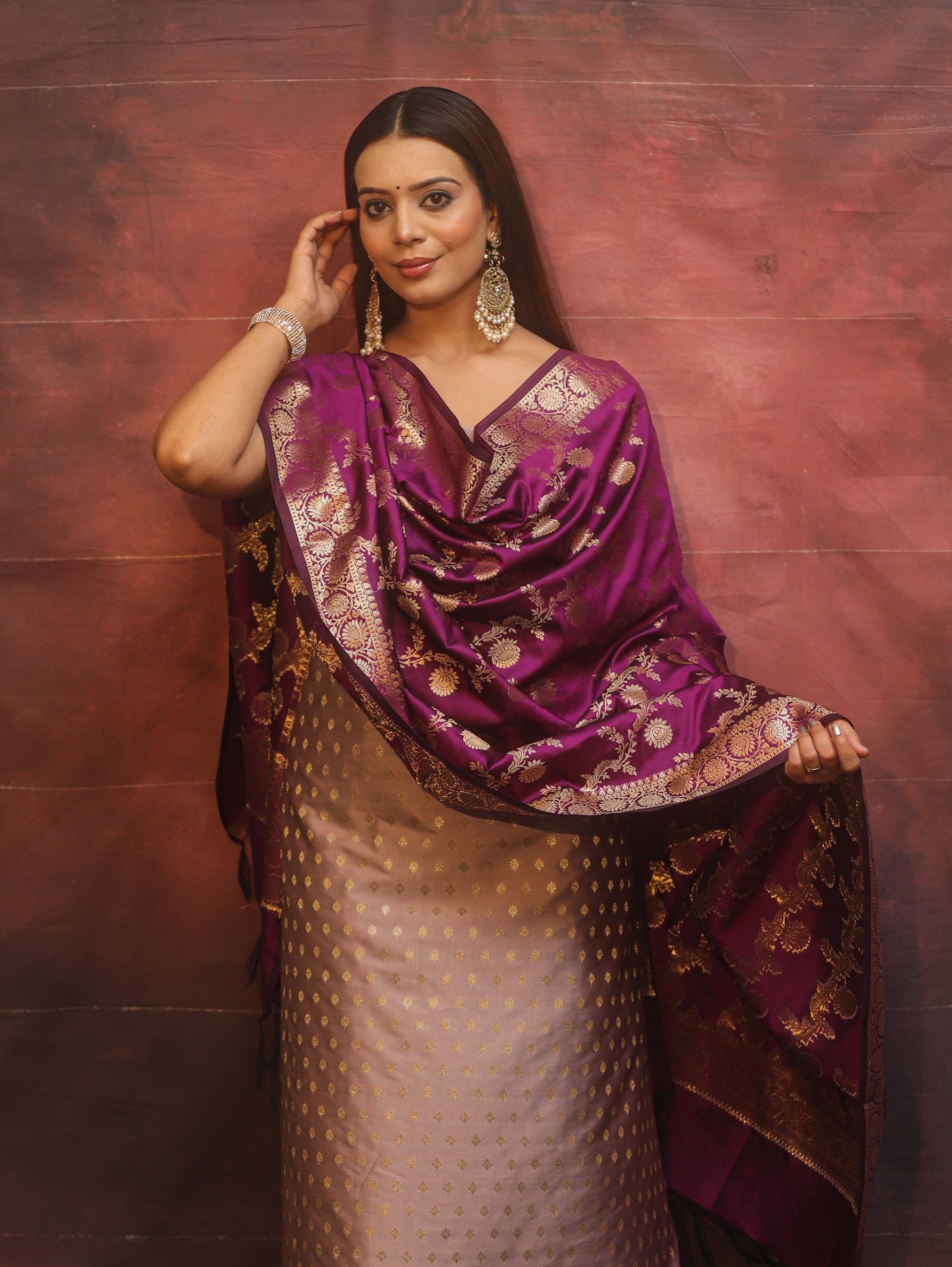 Banarasee Semi-Silk Salwar Kameez Fabric With Contrast Dupatta Set-Violet