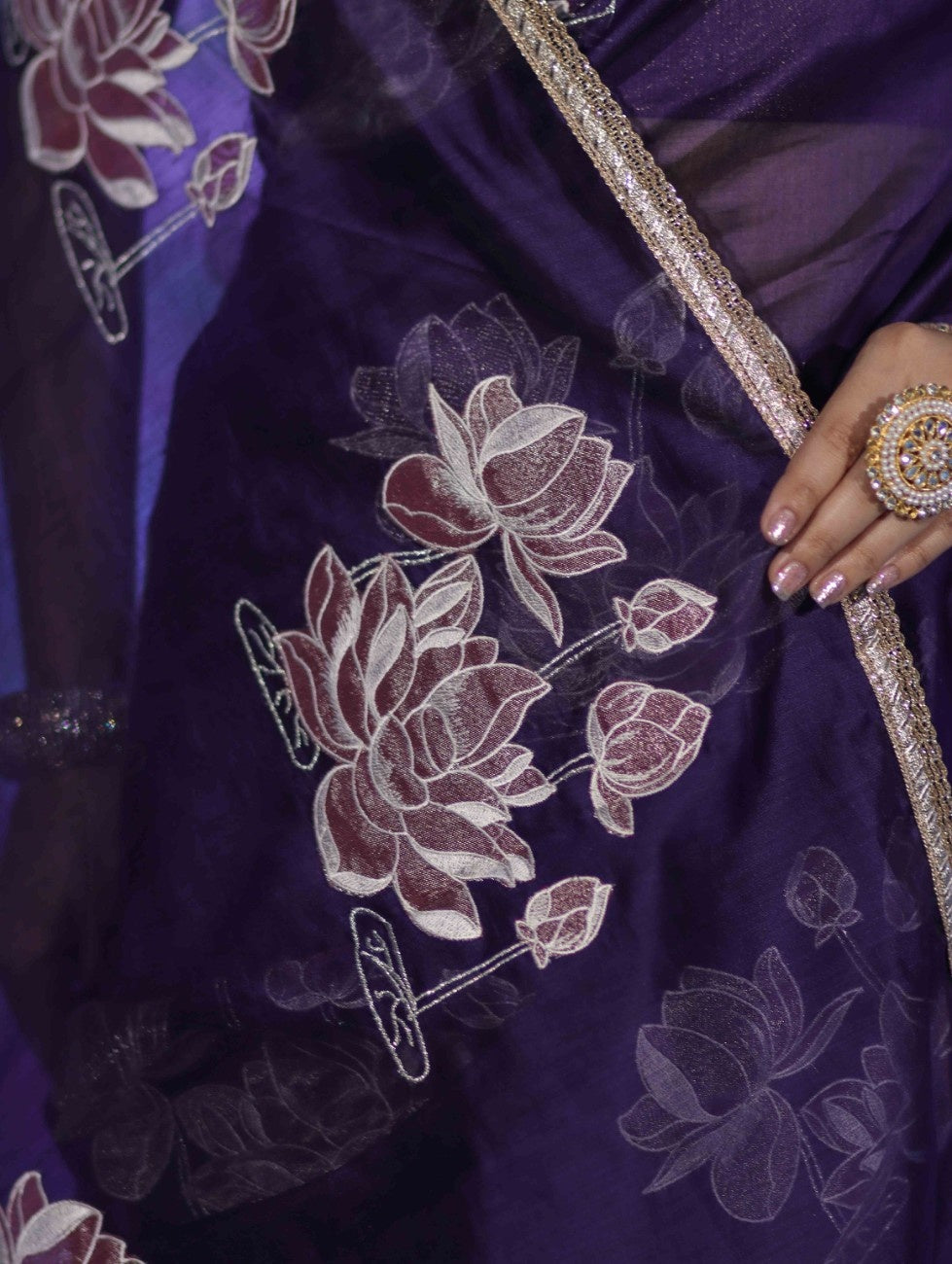 Banarasee Handloom Chanderi Cotton Saree With Applique Work & Lace-Violet