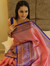 Banarasee Kora Muslin Saree With Jaal Design & Skirt Border-Peach & Blue