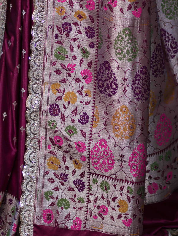 Banarasee Handloom Mashru Silk Saree With Buti Design Meenadar Border & Pallu-Wine