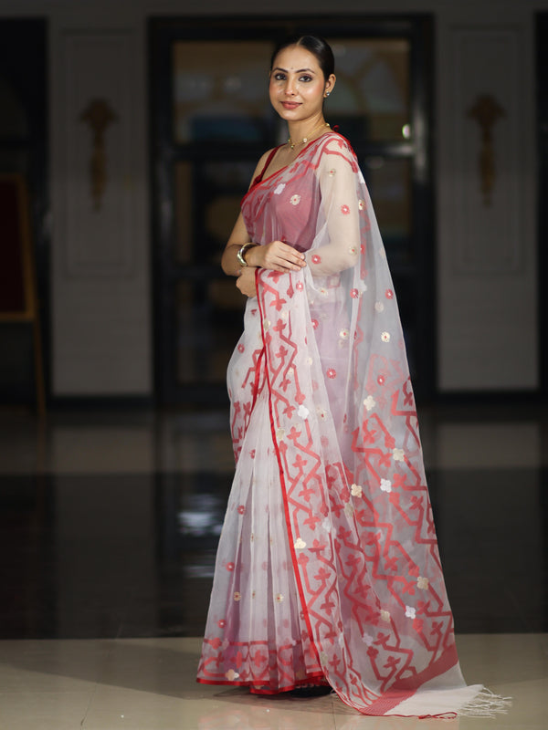 Banarasee Handloom Organza Mix Saree With Resham & Zari Work-White & Maroon