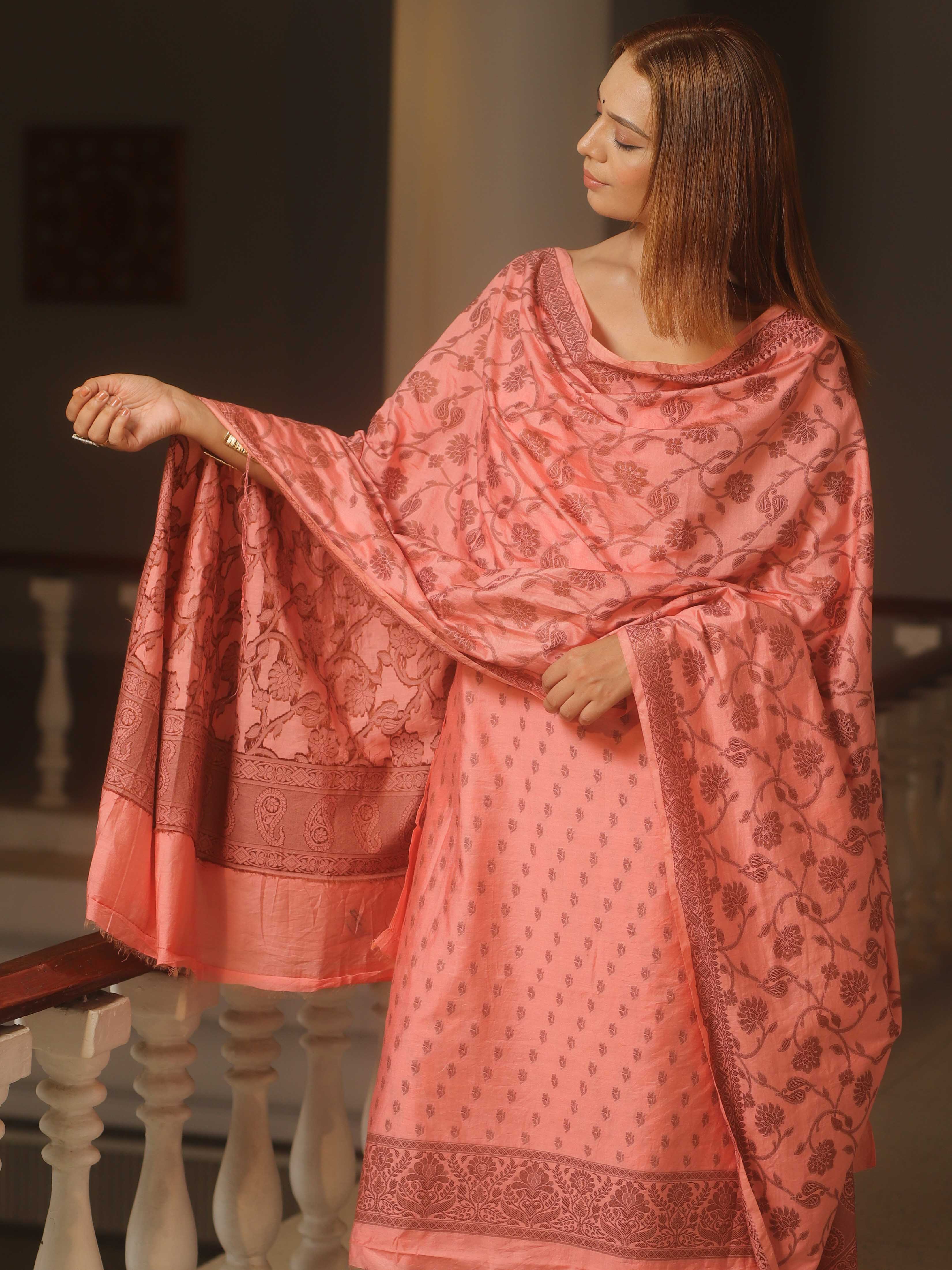 Banarasee Cotton Salwar Kameez Fabric With Dupatta & Resham Work-Peach