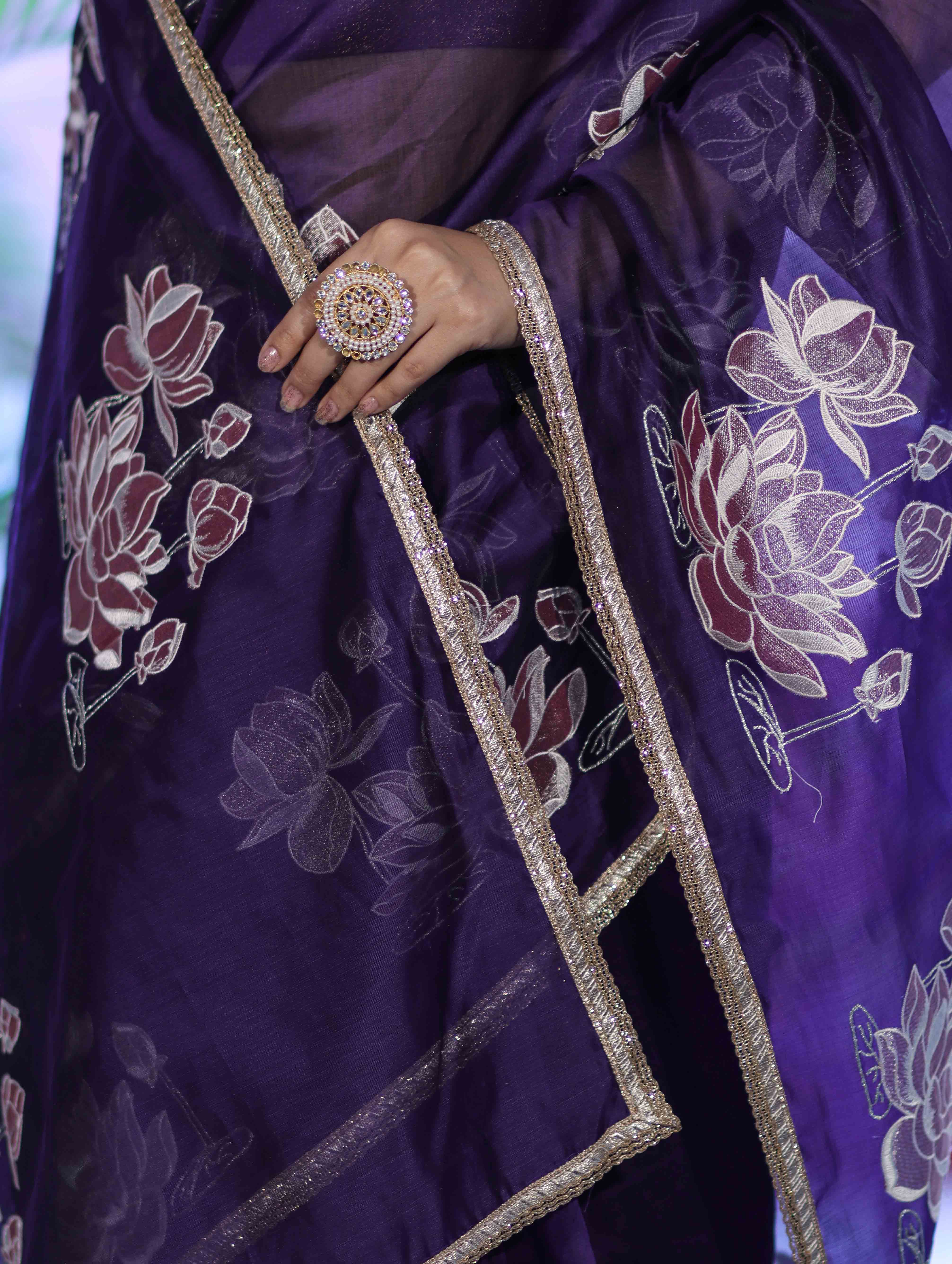 Banarasee Handloom Chanderi Cotton Saree With Applique Work & Lace-Violet