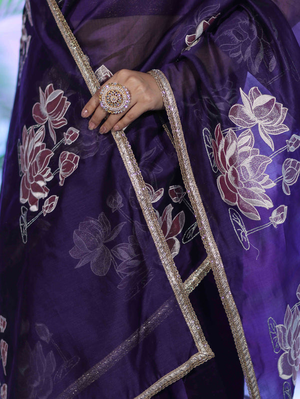 Banarasee Handloom Chanderi Cotton Saree With Applique Work & Lace-Violet