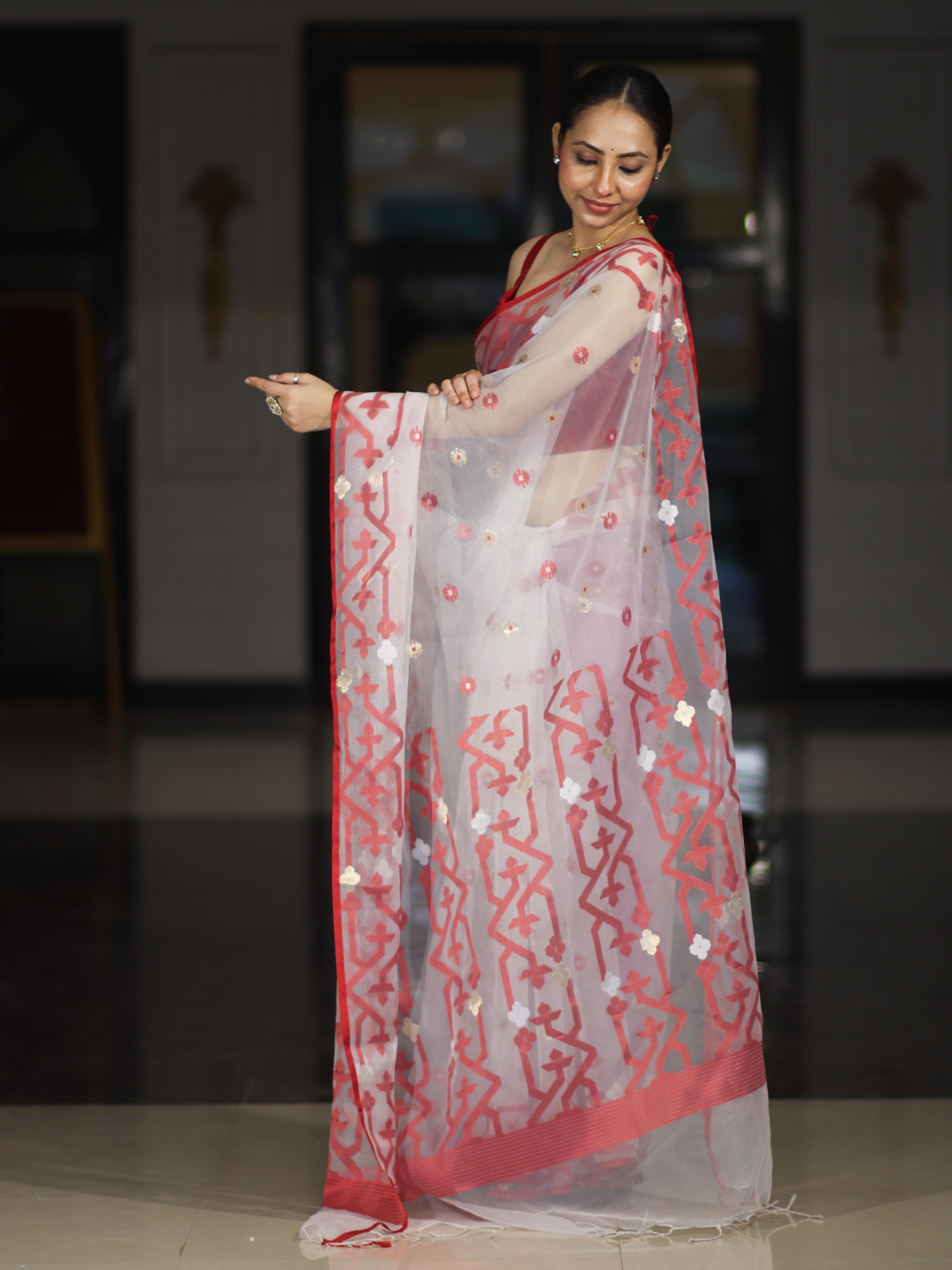 Banarasee Handloom Organza Mix Saree With Resham & Zari Work-White & Maroon