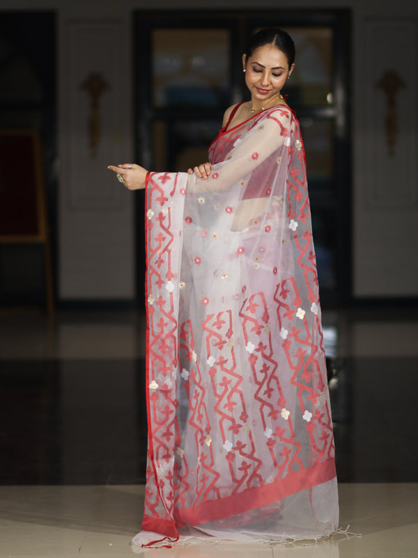 Banarasee Handloom Organza Mix Saree With Resham & Zari Work-White & Maroon